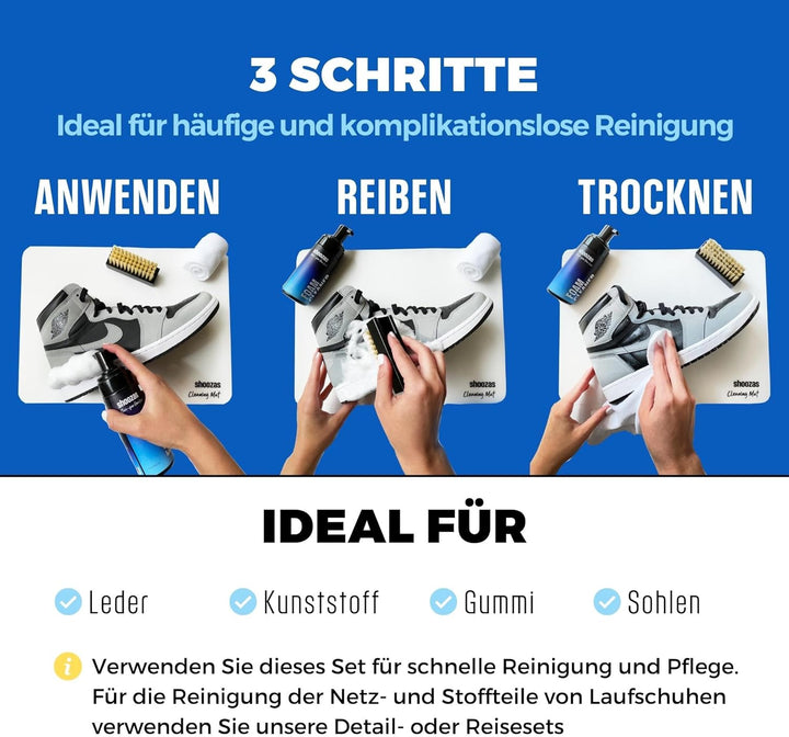 SHOOZAS - Kit zur Schuhreinigung - Schaumreiniger, Wasserdichte Matte, Bürste und Mikrofasertuch - I