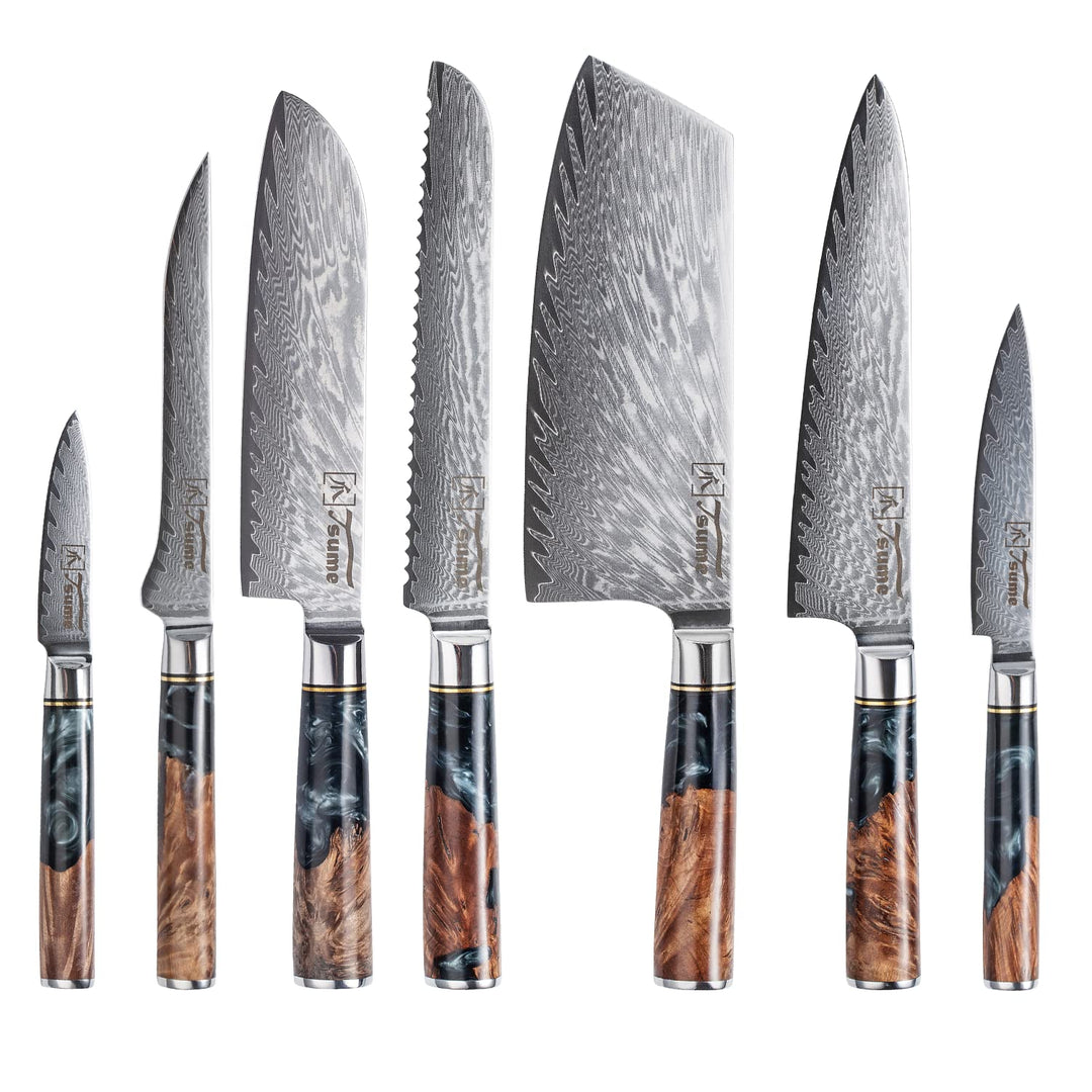 Tsume Profi Set Onyx, Messerset mit 7 Premium Küchenmessern, Echte Damast Küchenmesser, 67 Schichten