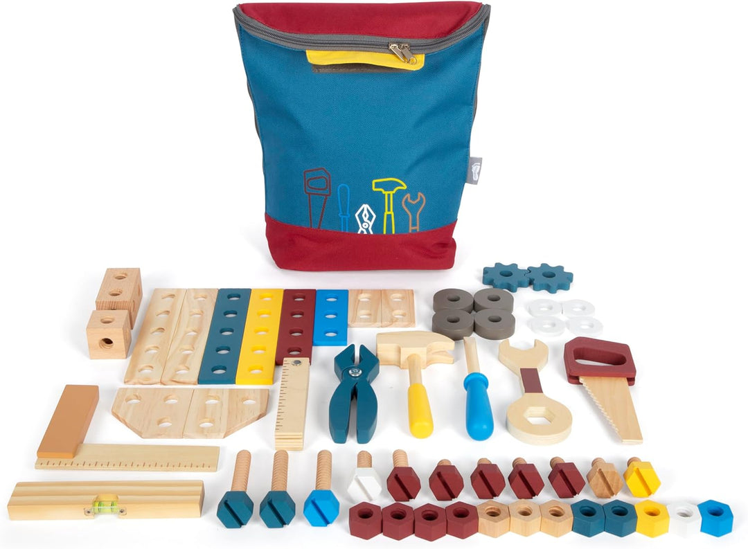small foot Werkzeugrucksack Konstruktion „Workshop“, Kinder-Rucksack mit 8 Werkzeugen aus Holz, ab 3