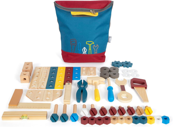 small foot Werkzeugrucksack Konstruktion „Workshop“, Kinder-Rucksack mit 8 Werkzeugen aus Holz, ab 3