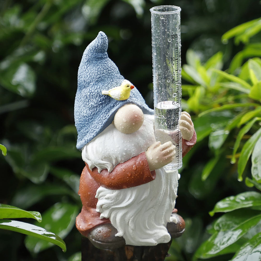 FORUP Zwerg Regenmesser aus Harz, Gartenzwerg mit einem Regenmesser aus Kunststoff, handbemalt, Wich