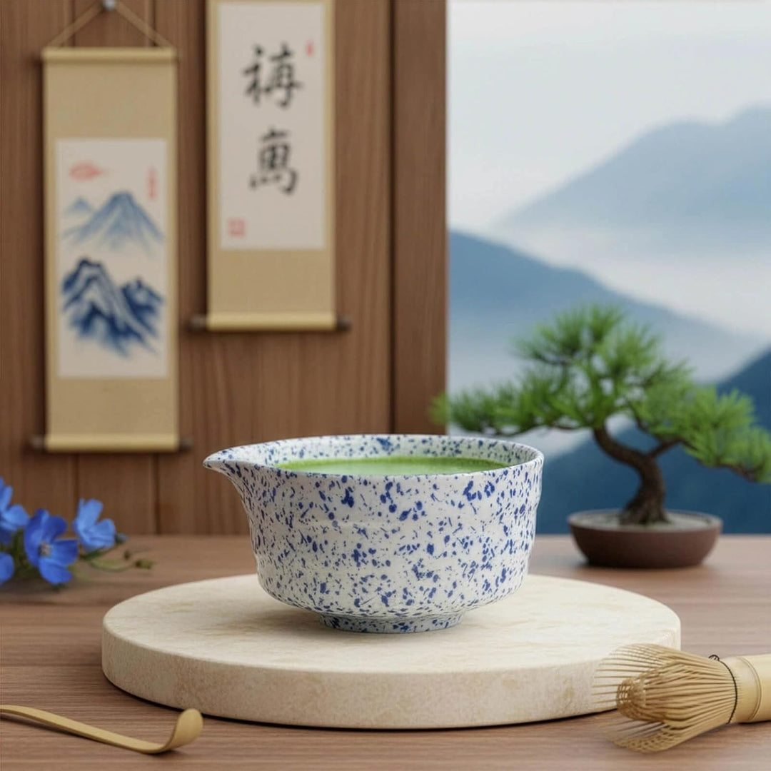 Mizore Matcha-Teezeremonie-Set – Weisse und blaue Matcha-Schale aus Keramik und Besenhalter