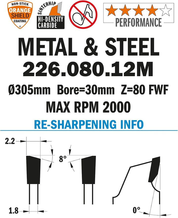 CMT Orange Tools 226.080.12 M – Kreissägeblatt für Metall 305 x 2.2 x 30 Z 80 FWF 5 Grad