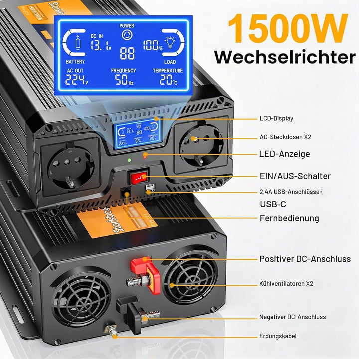 Wechselrichter 1500W/3000W Reiner Sinus 12V auf 230V Spannungswandler mit LCD &amp; Fernbedienung, 2X EU