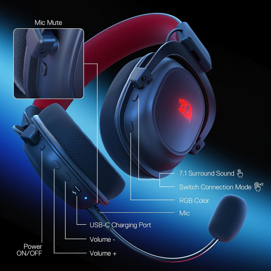 Redragon H510 Zeus-X RGB Kabelloses Gaming-Headset – 7.1 Surround Sound – 53 mm Audio-Treiber-Ohrpol
