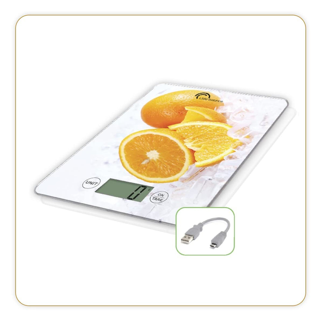 LITTLE BALANCE 8545 Slim Orange USB-R, Küchenwaage ohne Akku, USB wiederaufladbar, reparierbar, 5 kg
