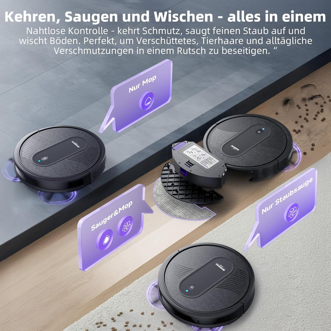 MONSGA Saugroboter mit Wischfunktion 4000PA, Saug und Wischroboter 3 in 1,140Min Laufzeit, 2 Bürsten