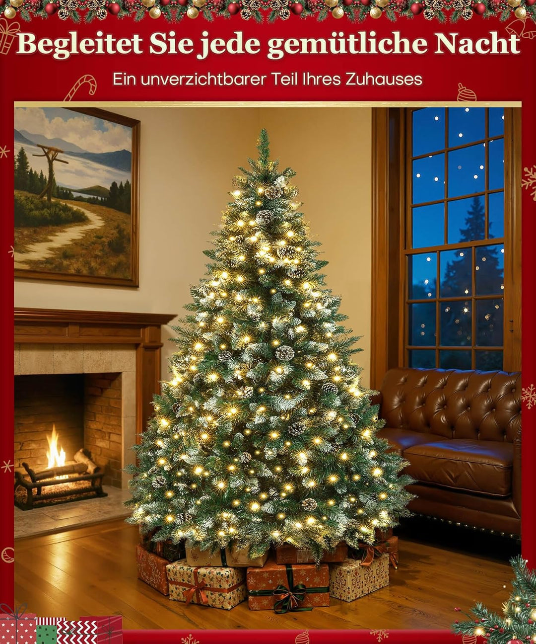 Yorbay künstlicher Weihnachtsbaum mit Beleuchtung und weissem Schnee, LED Tannenbaum für Weihnachten