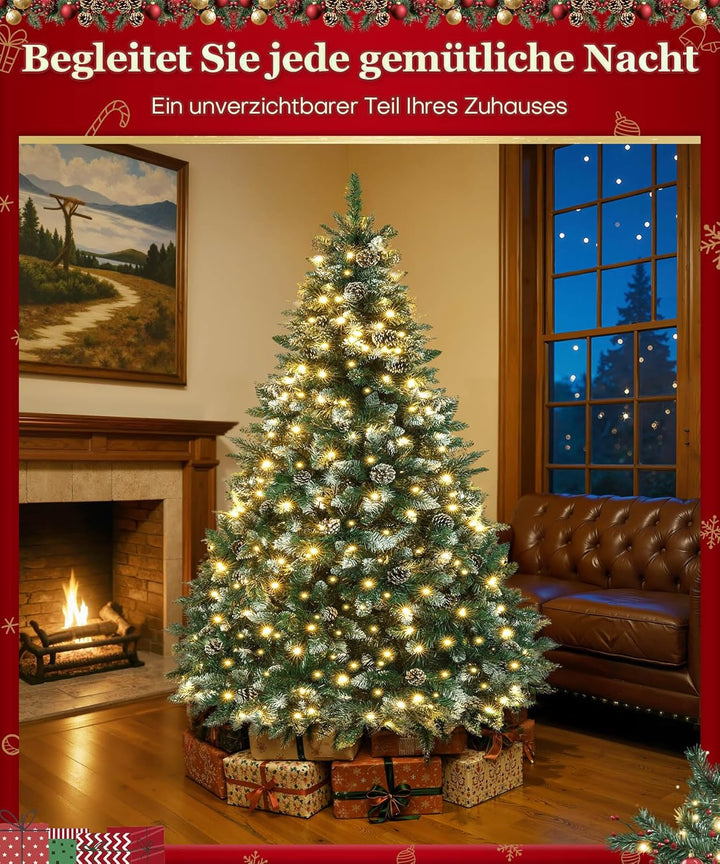 Yorbay künstlicher Weihnachtsbaum mit Beleuchtung und weissem Schnee, LED Tannenbaum für Weihnachten