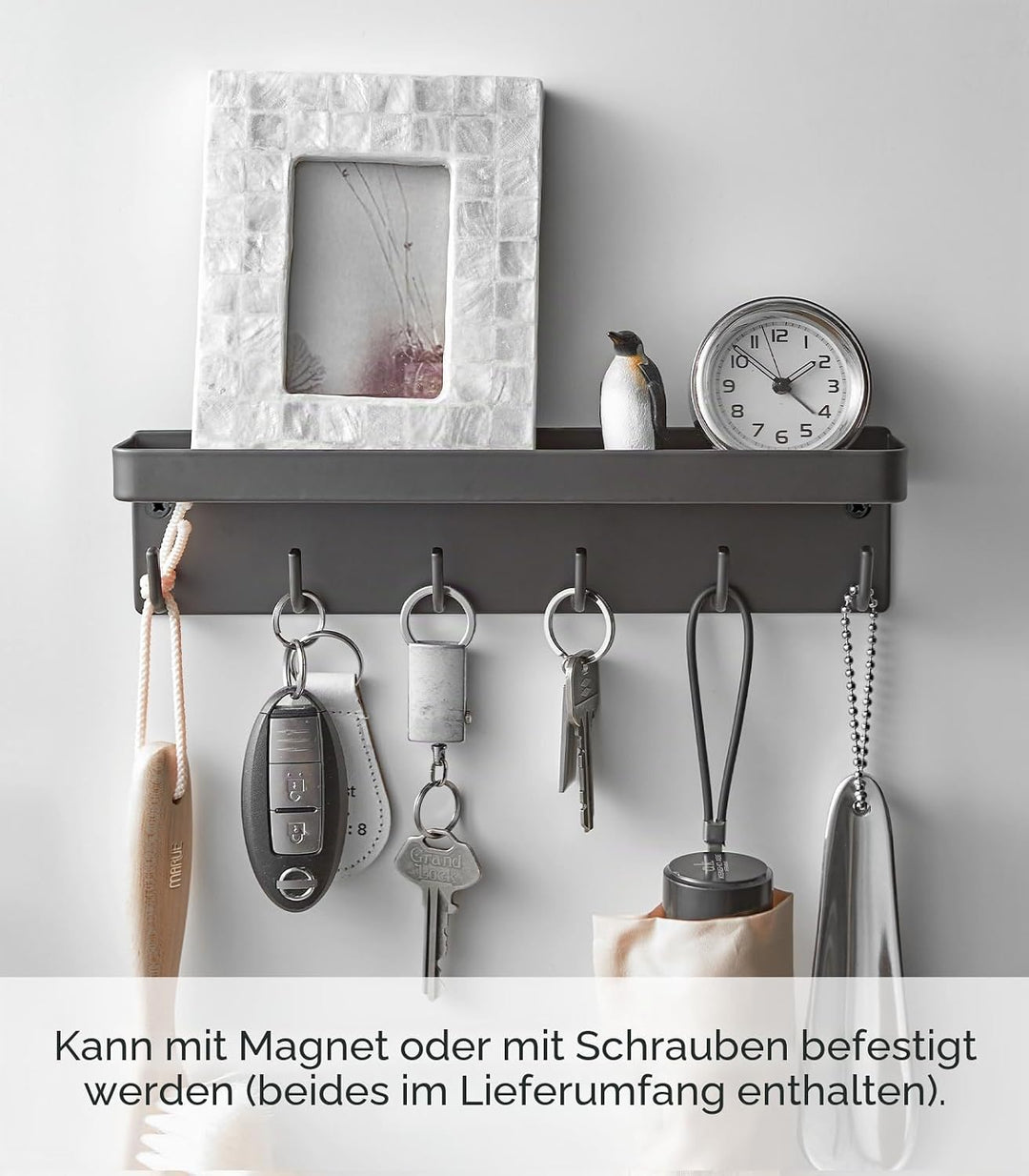 Yamazaki 2755 SMART Magnetischer Schlüsselhaken mit Ablage, schwarz, Stahl, minimalistisch, 24.5 x 4