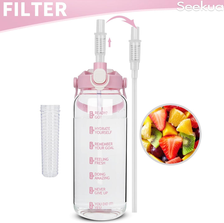 Seekua 1.5 liter Trinkflasche Glas Flasche mit Strohhalm & Zeitmarkierung, 1.5l Wasserflasche mit Fr