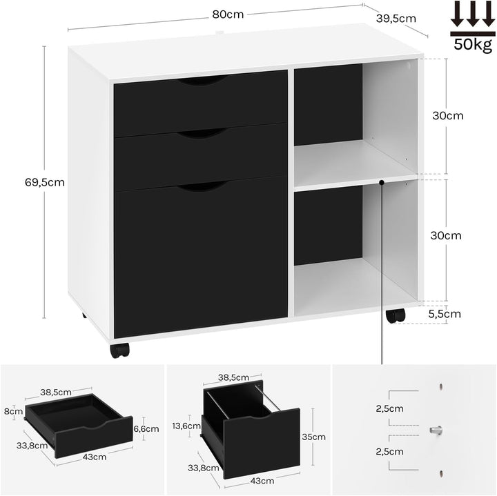 WOLTU Rollcontainer, mobiler Aktenschrank mit 5 Rollen, mit 3 Schubladen, mit verstellbarem Hängereg