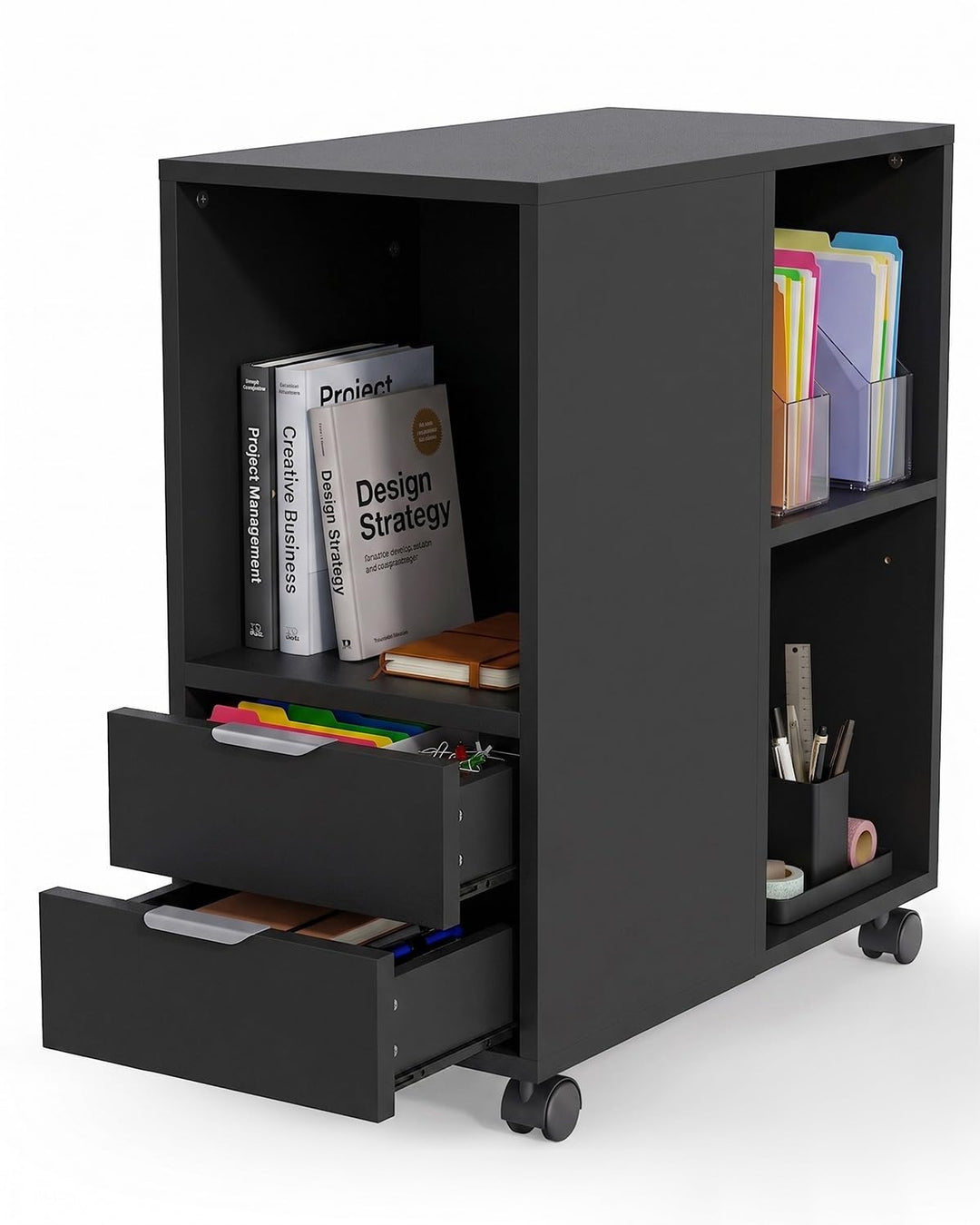 Rollcontainer Aktenschrank, Büro Schubladenschrank Untertisch, Schwarz Schwarz Holz, Schwarz Holz