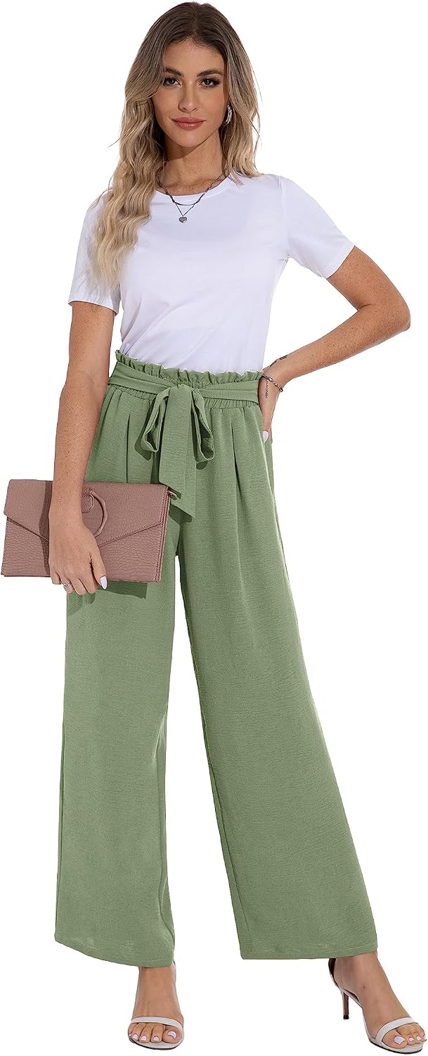 PrinStory Damen Hose Mit Weitem Bein Leichte Elastische Taille Sommer Hose Mit Taschen Kausale Arbei