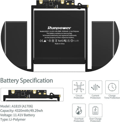 A1819 Akku, Runpower Laptop Akku für MacBook Pro 13 Zoll(Ende 2016 Mitte 2017), Ersatz Akku Lithium