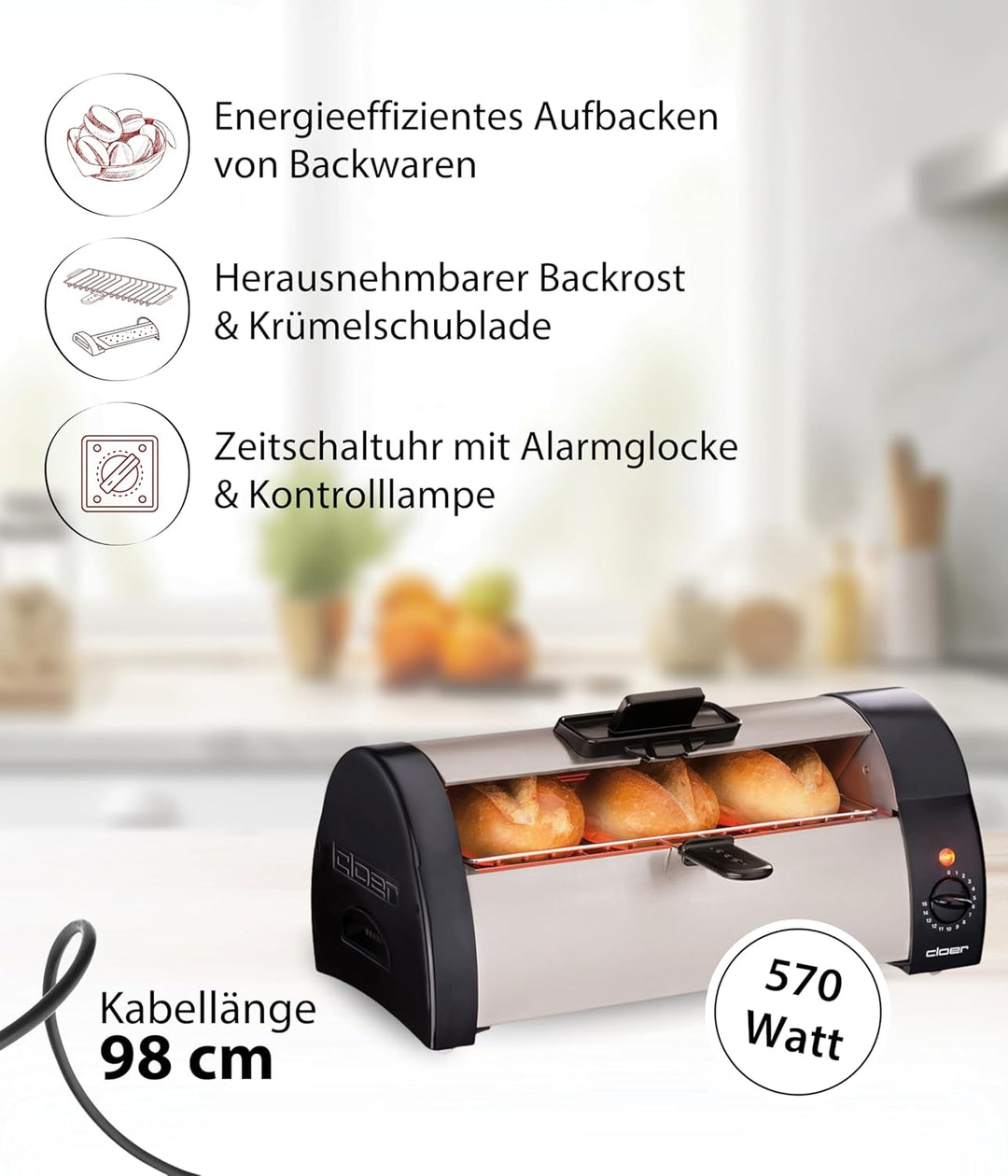 Cloer 3080 Brötchenbäcker zum Aufbacken von Brötchen, Kuchen oder Hefeteilchen 570 W, mattiertes, Ma