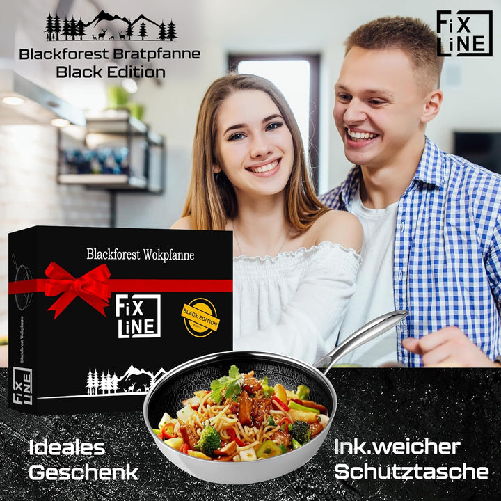 FIXLINE® Black Forest 2er Set Pfanne & Wok 28cm - Natürliche keramische Beschichtung - Alle Herdarte