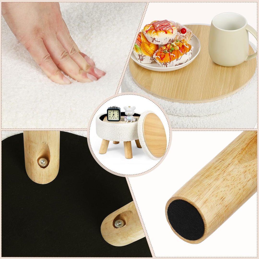 LIANTRAL Runder Sitzhocker, Teddy Samt Fusshocker mit Stauraum, Deckel abnehmbar, Holzstütze, Modern