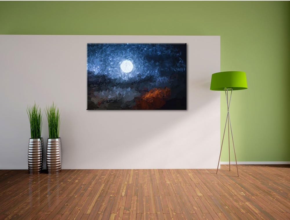 Pixxprint Leuchtender Mond am Nachthimmel Kunst Pinsel Effekt, Format: 100x70 auf Leinwand, XXL ries
