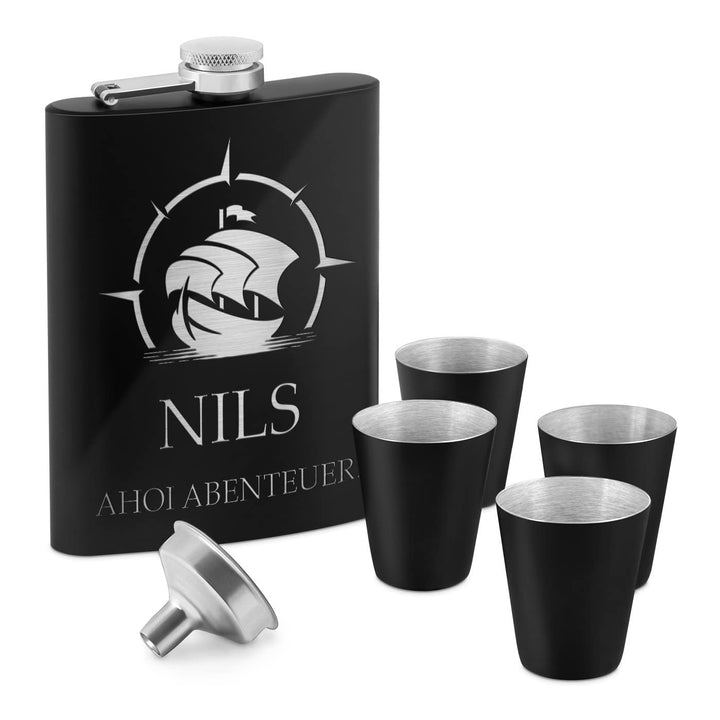 Maverton Flachmann Set 200 ml mit Gravur - Taschenflasche + 4 Schnapsgläsern 20 ml mit Trichter - Br