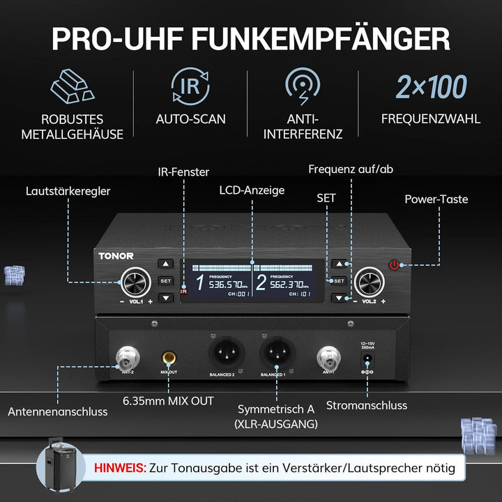 TONOR Mikrofon Kabellos Wiederaufladbares, UHF Funkmikrofon Set, 2x100 einstellbare Funk Metall Wire