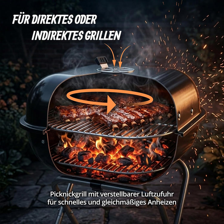 Relaxdays mobiler Holzkohlegrill mit Deckel &amp; Rollen, faltbarer Campinggrill, Balkon, Garten &amp; Park,