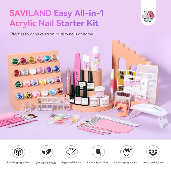 SAVILAND All-in-1 Acryl Nagelset: Premium Nagel Set Acryl Set mit Klarem Weissem und Rosa Acrylpulve