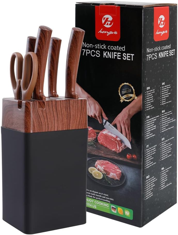 Messerset mit Messerblock, 7-Teilig Hochwertige Edelstahl Küchenmesser mit ergonomischen Griffen, Me