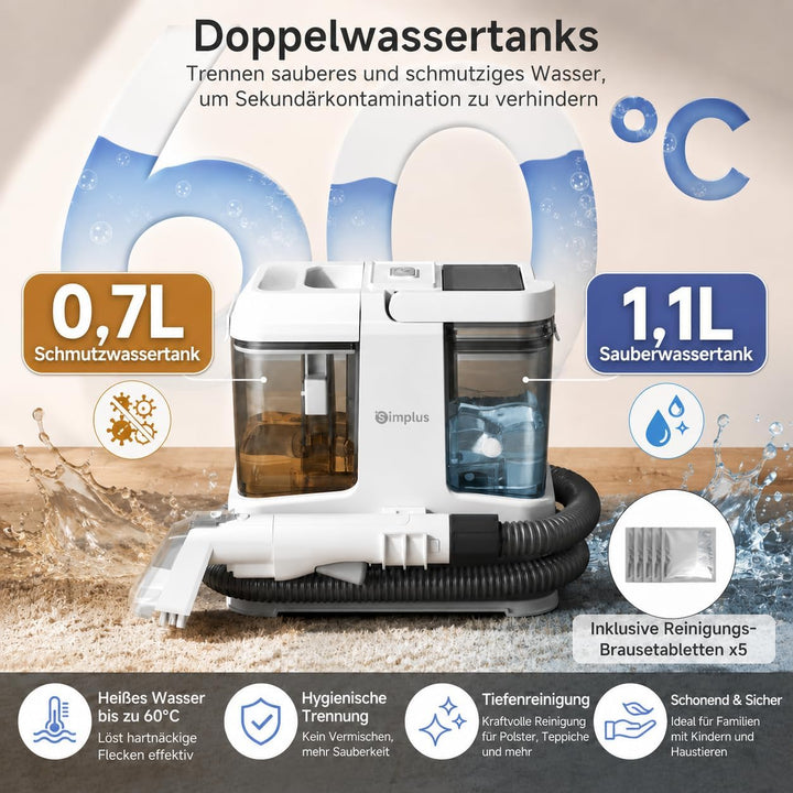 SIMPLUS Waschsauger Polsterreiniger Gerät, 12000Pa Teppichreiniger mit 2-Tank System, Kompakter Nass