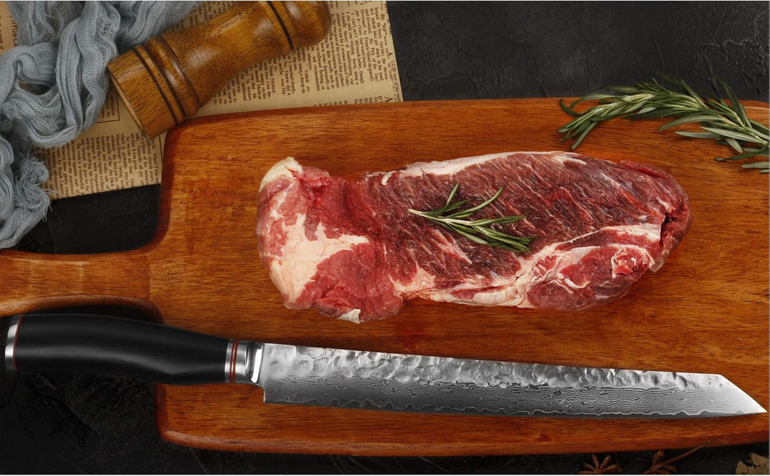 YOUSUNLONG Damaskus-Tranchiermesser mittelgross, Klinge 28,00 cm lang - sehr hochwertiges, sehr scha