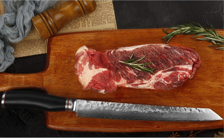 YOUSUNLONG Damaskus-Tranchiermesser mittelgross, Klinge 28,00 cm lang - sehr hochwertiges, sehr scha