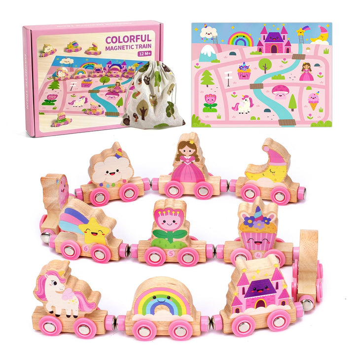 Einhorn Geschenke für Mädchen 1 2 3 4 Jahre: Magnetic Zug Holzspielzeug Prinzessin, Montessori Lerns