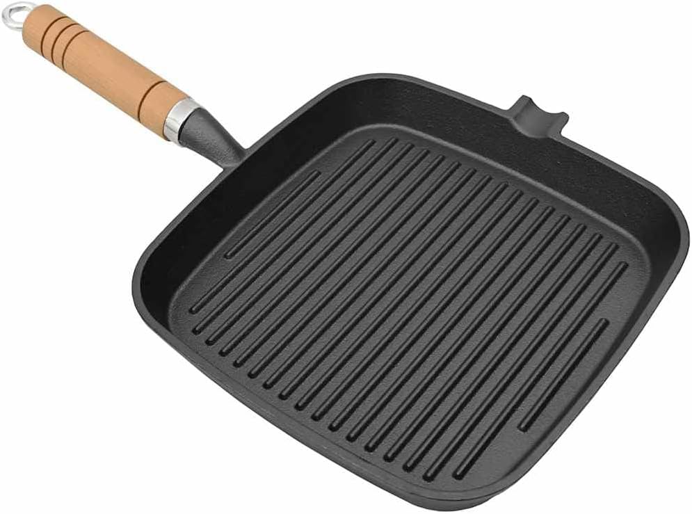 vidaXL Pfanne Grillpfanne Gusseisen Steakpfanne 20x20 cm Grill Pan 20x20cm with Wooden Handle, Grill