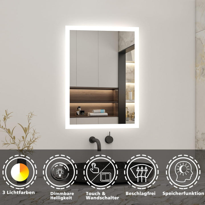 Biubiubath 50x70cm LED Badspiegel mit Wandschalter/Touchschalter,Badspiegel mit Beleuchtung,Beschlag