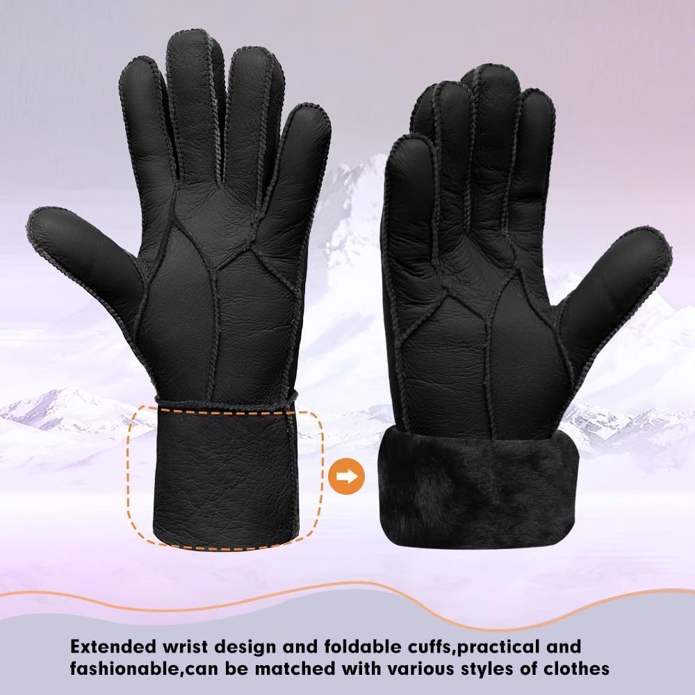 MGGMOKAY Damen Lederhandschuhe Schaffell Handschuhe aus Shearling Warme Winterhandschuhe S Schwarz,