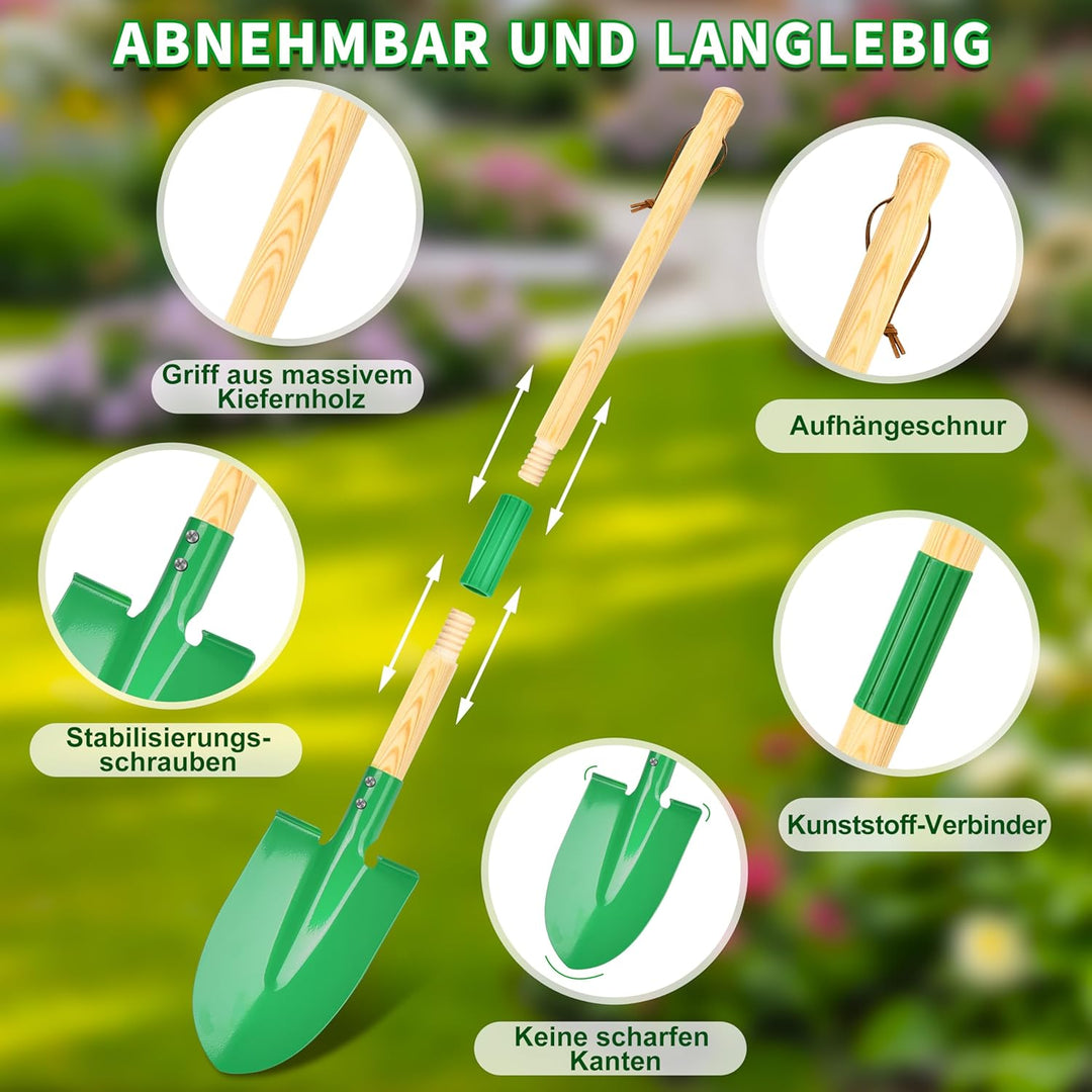 Schubkarre Kinder, Gartengeräte Kinder aus Holz, Gartenwerkzeug Kinder Abnehmbar mit Schaufel Harke