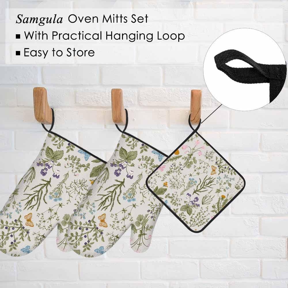 Blumen-Ofenhandschuhe und Topflappen-Set, Wildblumen, Kräuter, hitzebeständig, 3 Stück zum Kochen, B