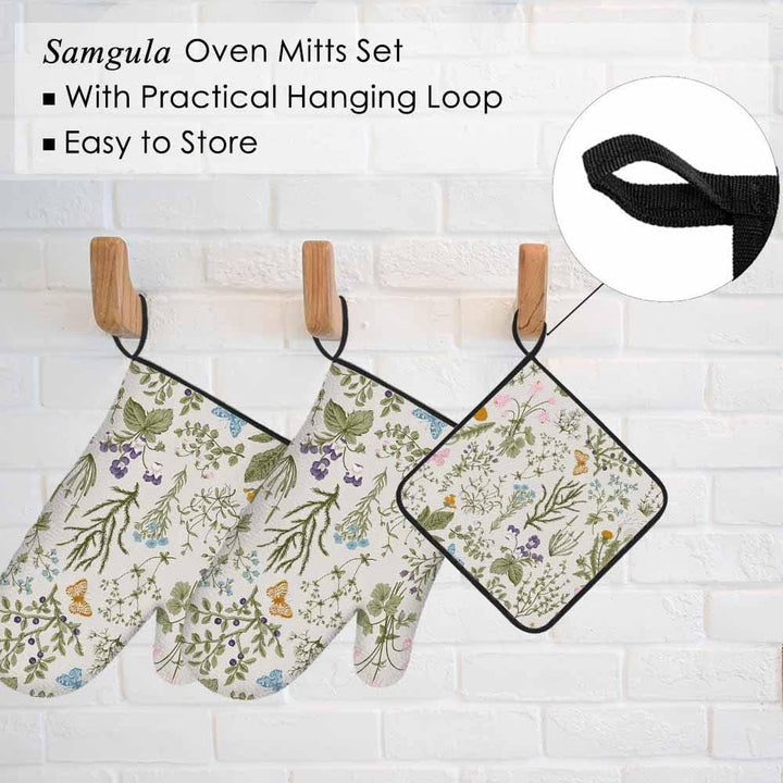 Blumen-Ofenhandschuhe und Topflappen-Set, Wildblumen, Kräuter, hitzebeständig, 3 Stück zum Kochen, B