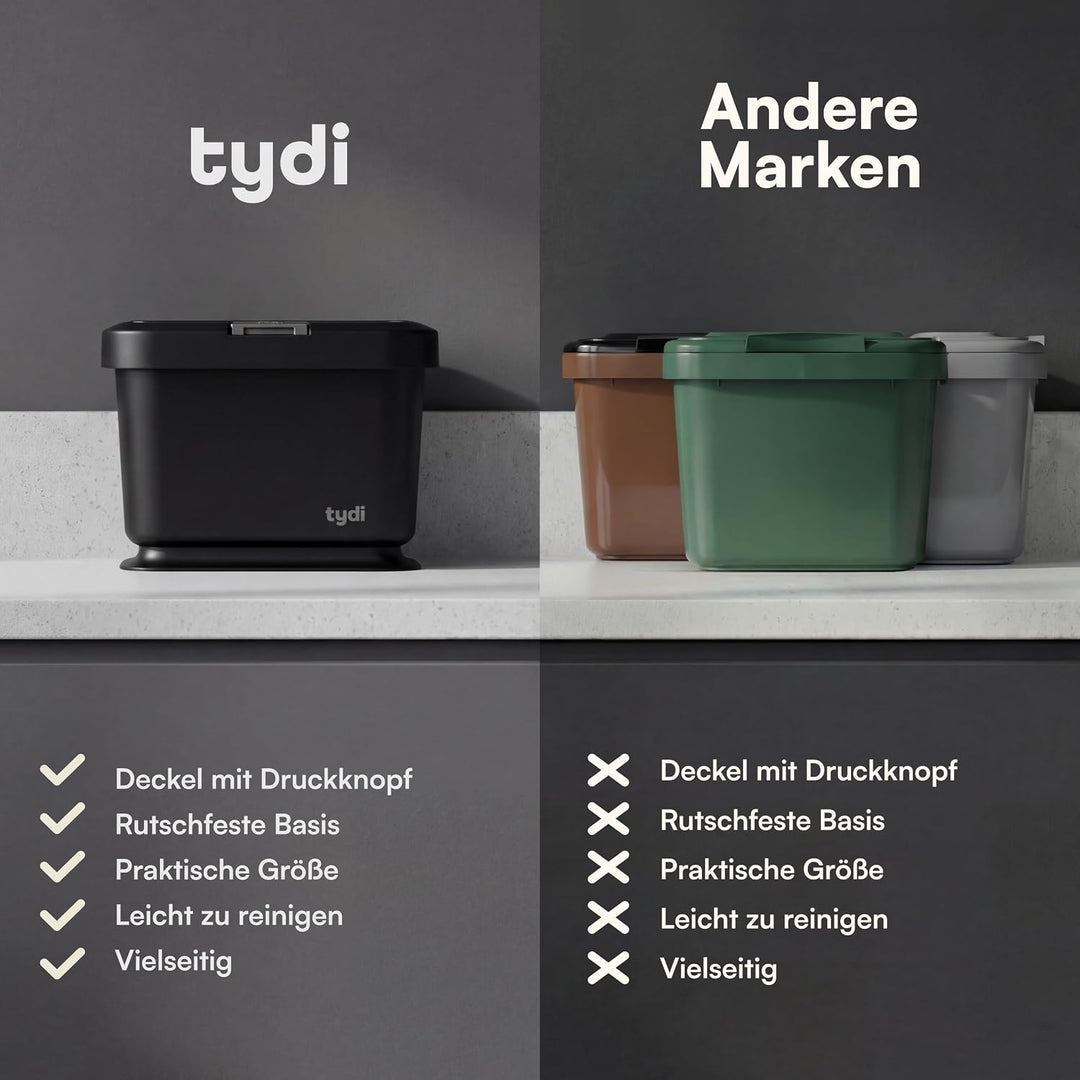 Tydi 4,5L Küchen-Biomüllbehälter mit Druckknopfdeckel - Komposteimer für die Küche - Rutschfester Bo