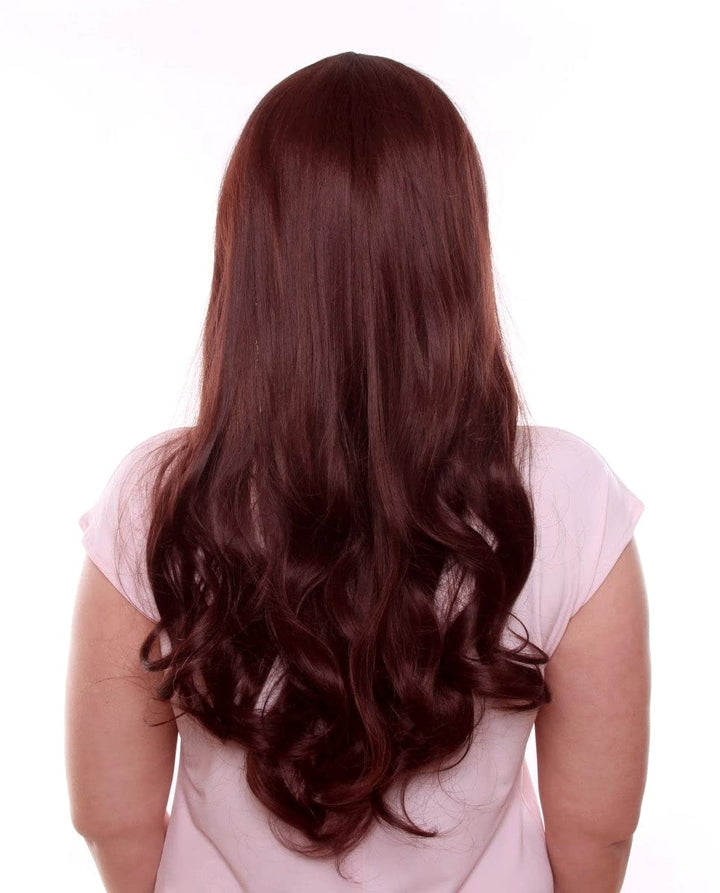 Prettyland C367 65cm Damen lange Perücke leicht Gewellt Locken Gerade Pony Dunkel-Braun Rot rotbraun