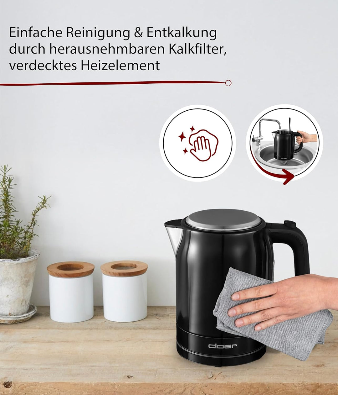 Cloer 4510 Wasserkocher Edelstahl, 2200 W, Wasserstandsanzeige, Trockengeh-und Überhitzungsschutz, 1