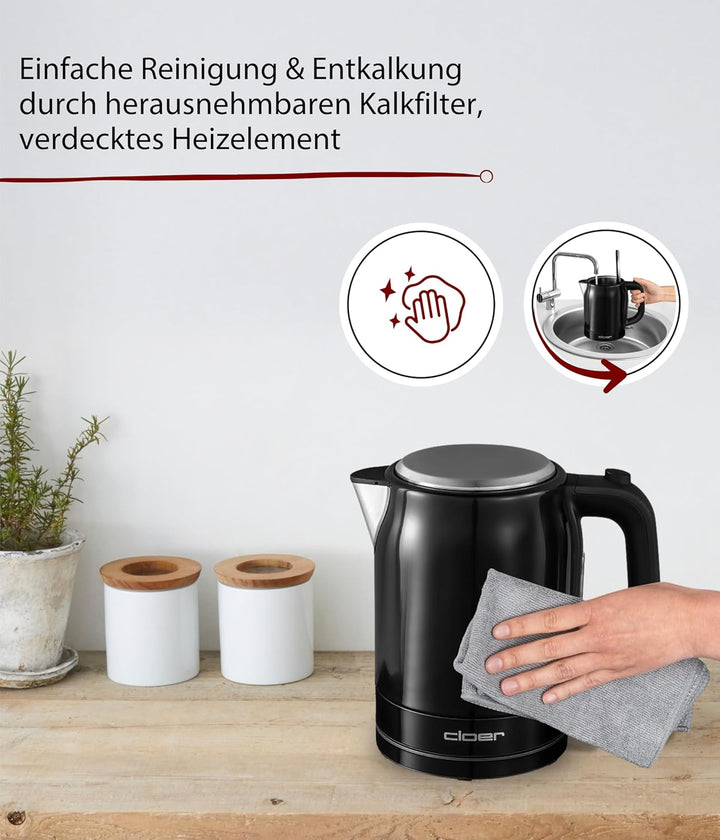 Cloer 4510 Wasserkocher Edelstahl, 2200 W, Wasserstandsanzeige, Trockengeh-und Überhitzungsschutz, 1