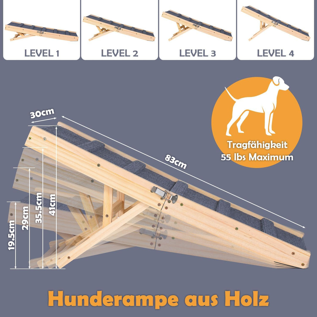Hunderampe Klappbar Kiefernholz für Kleine, Hunde Haustierrampe mit Rutschfestem Teppich, Vielseitig