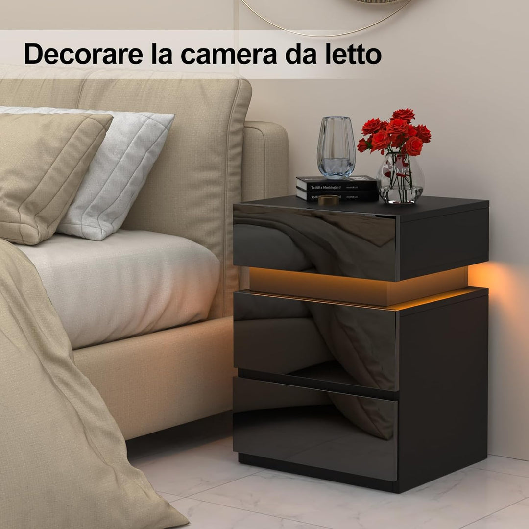 Lvhecforhm Schwarz Nachttisch mit 3 Schubladen, Nachttisch mit LED, Einstellbare Farben, Hochglanz L
