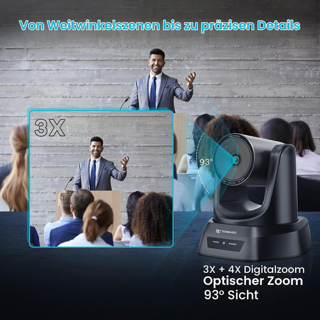 TONGVEO PTZ Kamera mit KI-Auto-Tracking, 3X optischem Zoom, Konferenzraum-Kamera, HDMI/USB 3.0, 60 f