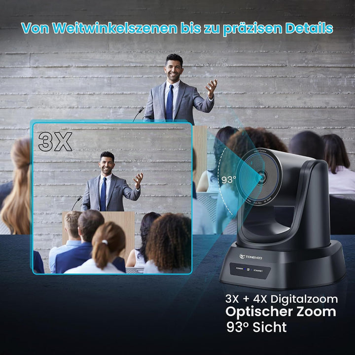 TONGVEO PTZ Kamera mit KI-Auto-Tracking, 3X optischem Zoom, Konferenzraum-Kamera, HDMI/USB 3.0, 60 f