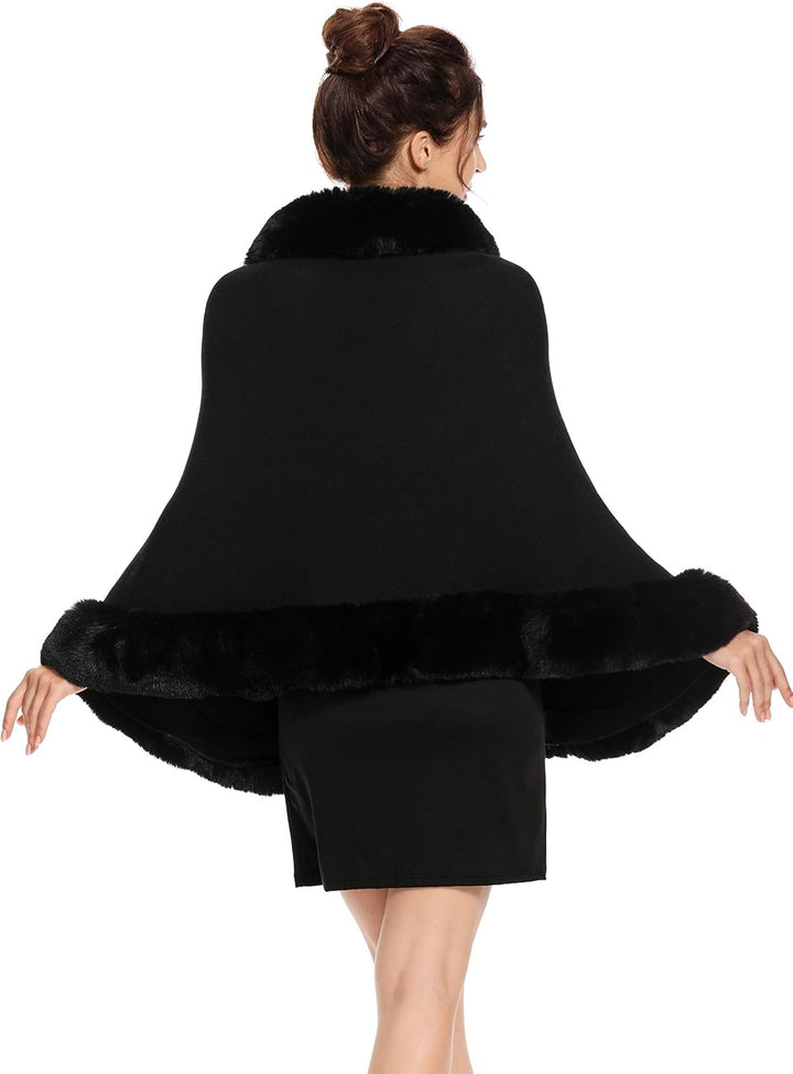 ZLYC Damen Winter Kunstpelz Poncho Cape Strick Schal Stola Warm Cardigan Schwarz, Schwarz