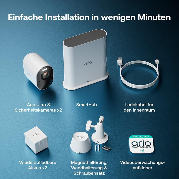 Arlo Ultra 3 Überwachungskamera Aussen WLAN, Kabellos, 4K UHD, KI-Erkennung, Auto-Tracking, Farb-Nac