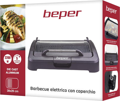 BEPER 90.871 Elektrogrill mit Glasdeckel, beschichtete Grillplatte, Edelstahl, 2200 WATT, schwarz, 2