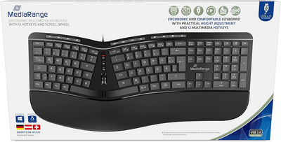 MediaRange Ergonomische Tastatur, kabelgebundene Multimedia-Tastatur mit 124 Tasten und Scroll-Rad,